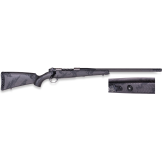 Bolt-action rifle with a gray camouflage finish laid horizontally; close-up shows the bolt and safety on the receiver edge.