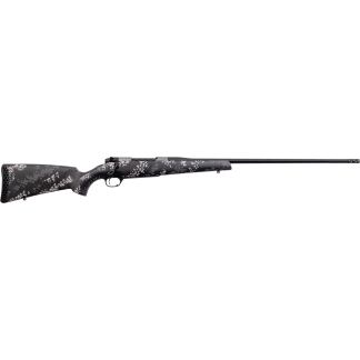 Bolt-action rifle with a gray-black camouflage pattern and a long black barrel, shown in profile from the left.