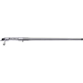 Bolt-action rifle with long barrel and exposed bolt, isolated on a white background
