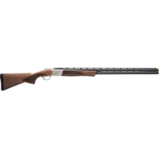 Over-under shotgun with walnut stock, fore-end, silver receiver, and two long parallel barrels (side view).