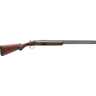 Side view of a polished double-barrel shotgun with a wooden stock and checkered grip.