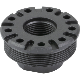 Close-up of a black circular flange with external threads and evenly spaced holes around the perimeter, likely a mechanical coupling part.