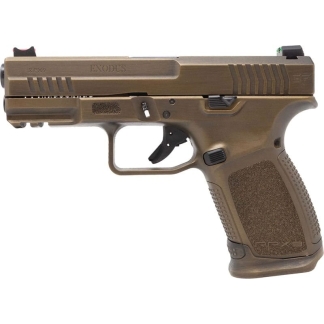 Bronze-colored semi-automatic handgun shown from the left, with textured grip and accessory rails.