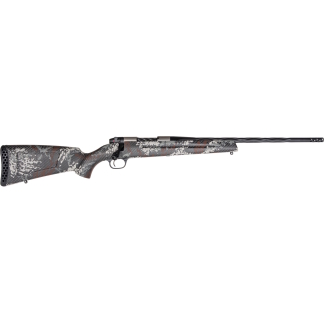 Camouflage-patterned bolt-action rifle lying horizontally on a white background