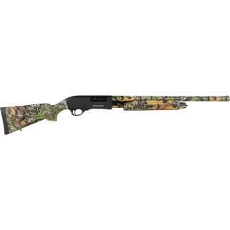 Camouflage-pattern pump-action shotgun with black receiver, laid horizontally.