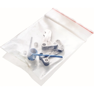 Small assortment of metal hardware parts inside a clear resealable plastic bag, including a blue rod and various small pins and spacers