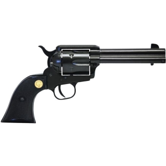 Side view of a black revolver pistol with textured grip and exposed cylinder.