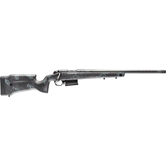 Bolt-action rifle with a gray carbon-fiber patterned stock and long barrel photographed from the left side.