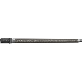 Long rifle suppressor with carbon fiber wrap and threaded ends.