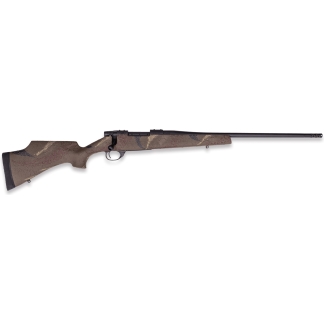 Camouflage-pattern bolt-action hunting rifle shown in profile against a white background with a long black barrel, stock up to the butt plate.