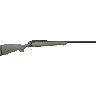 Bolt-action rifle with green synthetic stock, long barrel, and top picatinny rail (left profile).