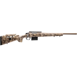 Camouflage-pattern bolt-action hunting rifle shown in side view with magazine and long barrel.