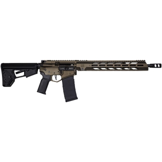 Tan/bronze AR-15 style rifle with adjustable stock, black pistol grip, and long slotted handguard; chambered for 5.56 NATO.