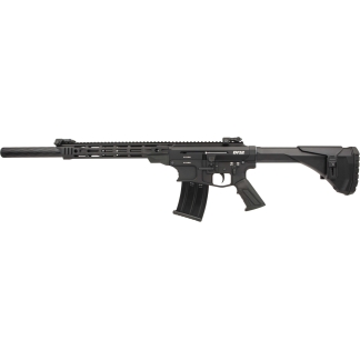 Black modern assault rifle in profile with a long barrel, rail system, and collapsible stock, magazine inserted