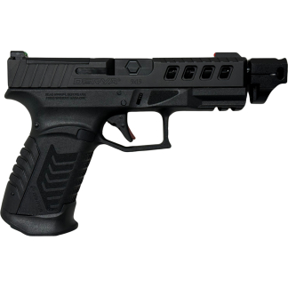 Close-up side view of a black semi-automatic handgun with textured grip and accessory rails on the slide.