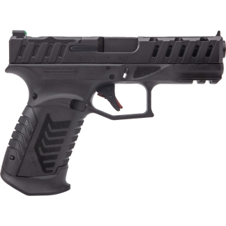 Profile view of a black semi-automatic pistol with a textured grip, serrated slide, and visible trigger