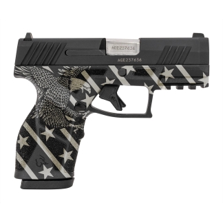 Side view of a semi-automatic pistol with a black and gray patriotic star pattern and eagle graphic on the grip.