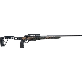 Desert camouflage bolt-action sniper rifle with a long barrel on a white background