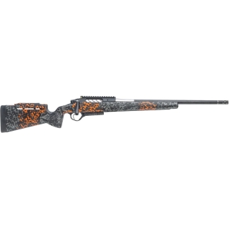 Bolt-action hunting rifle with gray and orange camo pattern and a long barrel.