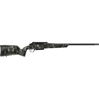 Left-side view of a camo-pattern bolt-action rifle with a long barrel.