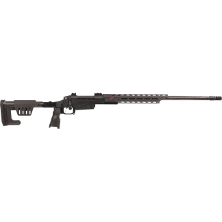 Black tactical rifle with carbon-fiber stock and long vented handguard on a white background
