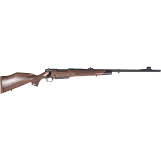 Bolt-action rifle with a polished wooden stock and long metal barrel, shown in profile from the left side