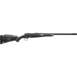 Bolt-action rifle with a camouflage finish and a long barrel with muzzle brake.