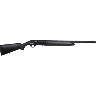 Side view of a long black rifle with a synthetic stock on a white background, laid horizontally