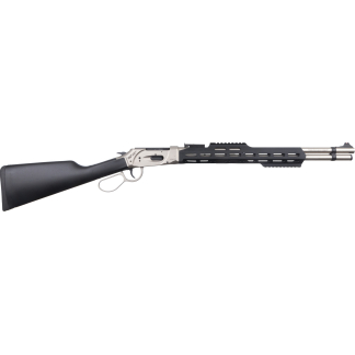 Semi-automatic rifle with black stock, silver receiver, and long ventilated handguard reaching a multi-port muzzle device.