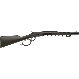 Long black rifle with a vented, modular handguard and muzzle device across a white background, shown full length