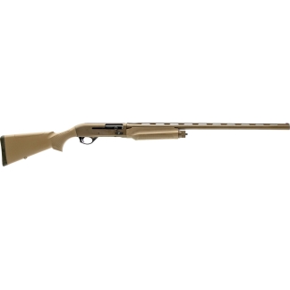 Tan hunting rifle with a long barrel and synthetic stock photographed in profile