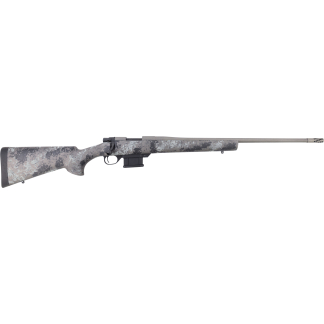Semi-automatic rifle with a gray camouflage stock, long barrel, and detachable magazine in a side view.