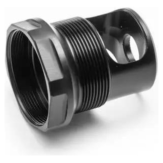 Black metal threaded pipe adapter with hex nut and side hole feature on a white background