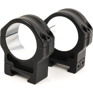 Pair of black scope rings for mounting a riflescope, shown from a slight angle with mounting bases