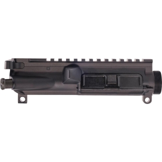 Black AR-style rifle upper receiver with a Picatinny rail on top and a threaded muzzle end.