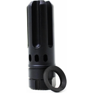Black cylindrical firearm suppressor with vertical venting slots and a separate circular ring laid next to it