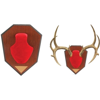 Two wooden shield plaques with red velvet neck mounts; one plain, the other framed by large deer antlers.