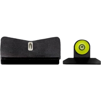 Two black plastic parts: a curved piece with a small central slot and a separate small mount with a lime-green wheel.