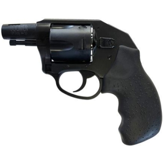 Black revolver-style handgun with a short barrel and textured grip viewed from the side