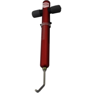 Red hydraulic hand pump/jack with black foam grips and a long red body, featuring a lifting rod at the bottom.