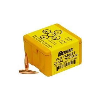 Yellow Berger VLD Target ammunition box for .22 caliber 75 grain, with a single copper bullet next to it.