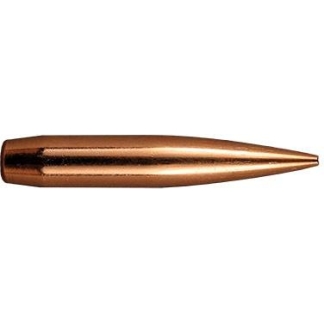 Copper-colored rifle bullet projectile viewed from the side, pointed tip on the right.
