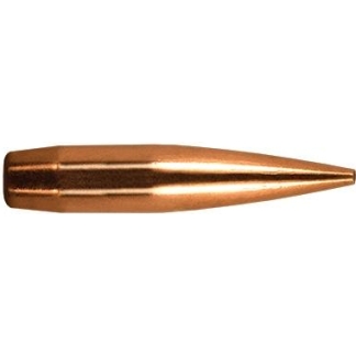 Copper-colored rifle bullet oriented horizontally, showing a tapered pointed tip and seated base edge.