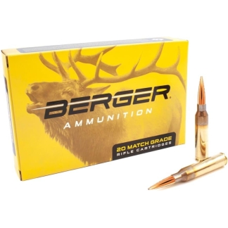 Berger Ammunition box in bright yellow with elk graphic, labeled '20 Match Grade Rifle Cartridges', plus two copper bullets nearby.
