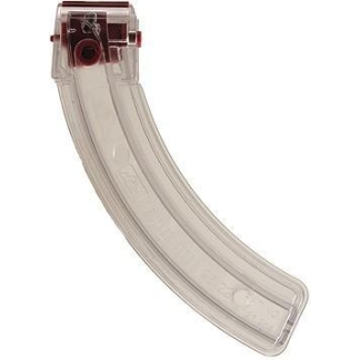 Transparent curved handgun magazine with a red follower at the top, shown against a white background.