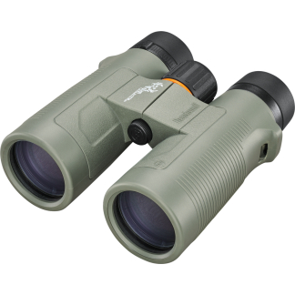 Green binoculars with a textured grip and central focus dial, angled view showing lenses and eyepieces