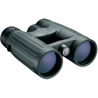 Pair of dark green binoculars with blue-tinted lenses, viewed from a slight top-left angle.