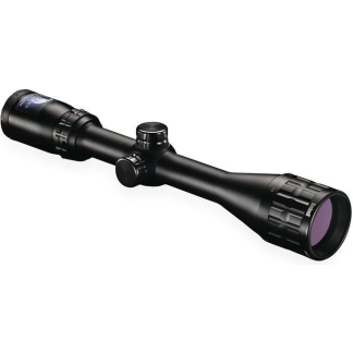 Black riflescope with adjustable turrets and a purple-tinted objective lens, shown at an angle on a white background.