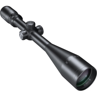 Black riflescope with adjustable turrets and a large objective lens on a white background.