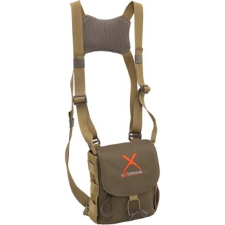 Olive green hiking backpack with padded shoulder straps and a chest strap, featuring an orange X logo on the front flap